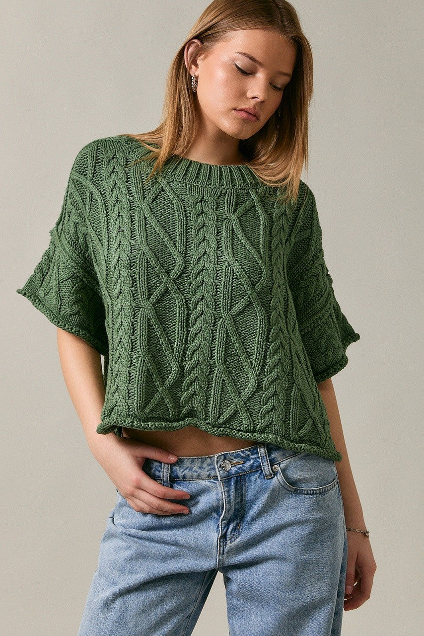 Olive Round Neck Short sleeve knit sweater