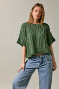 Dusty Green Round Neck Short Sleeve Knit Sweater Top