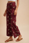Mallard Printed Stretch Denim Wide Leg Jeans - burgundy
