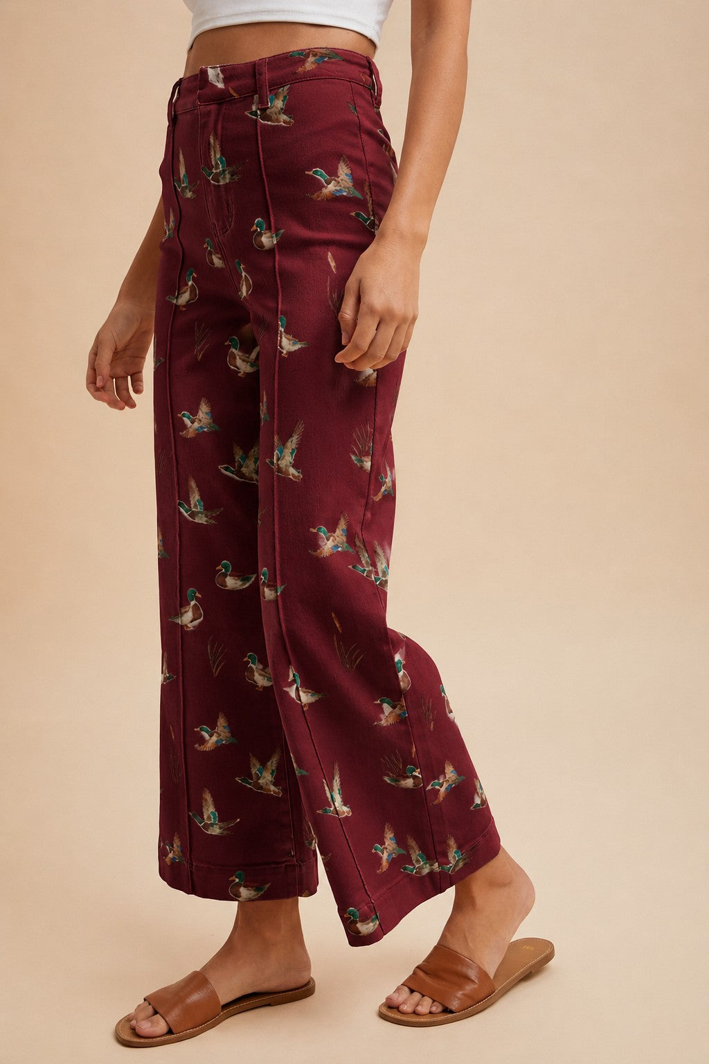 Mallard Printed Stretch Denim Wide Leg Jeans - burgundy