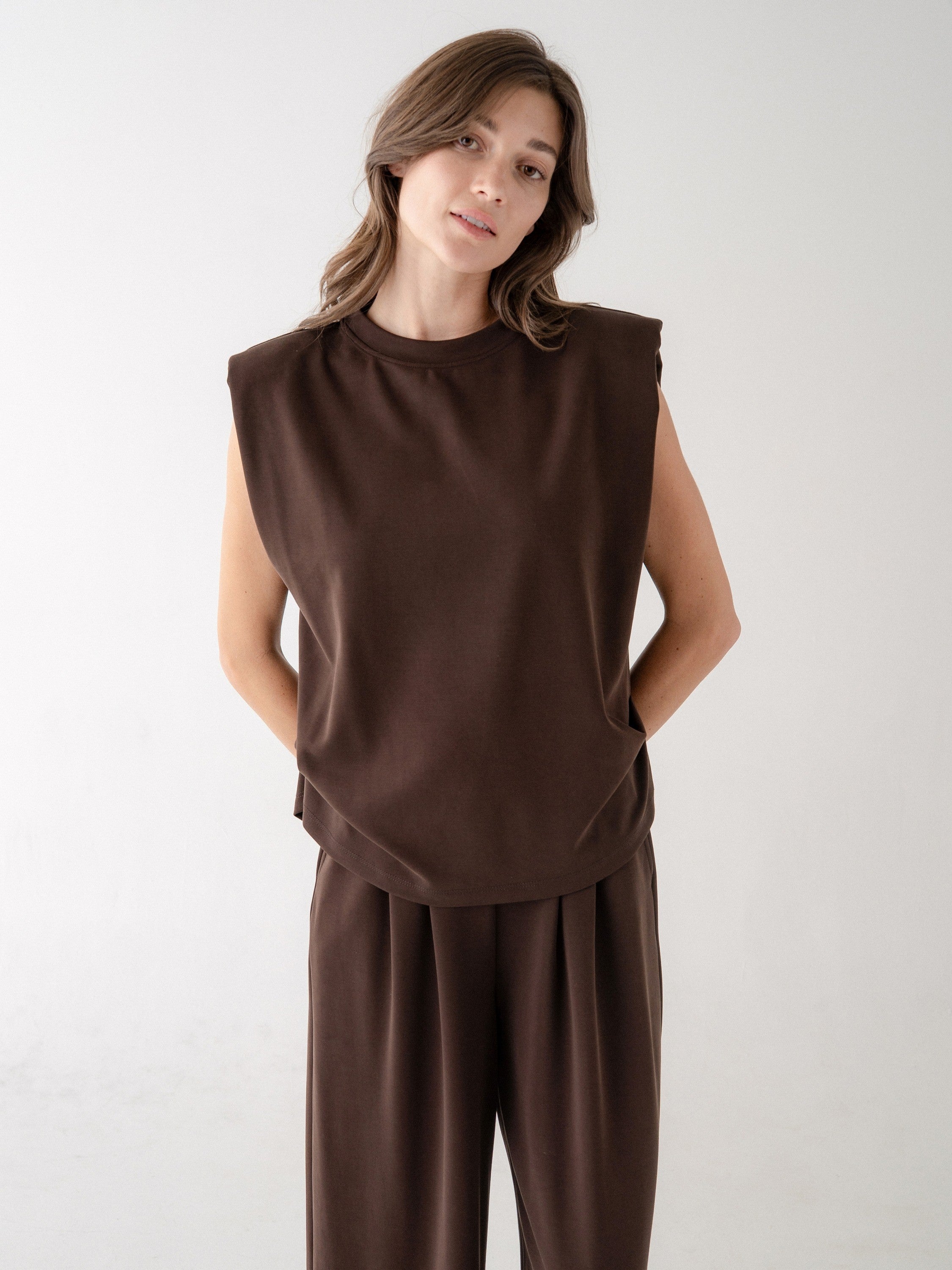 Brown Side Ruching Sleeveless Top With Shoulder Pads