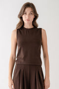 Fitted Crewneck Sleeveless Top- Brown