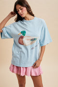 Light Blue Mallard Duck Printed Oversized Tee Shirt