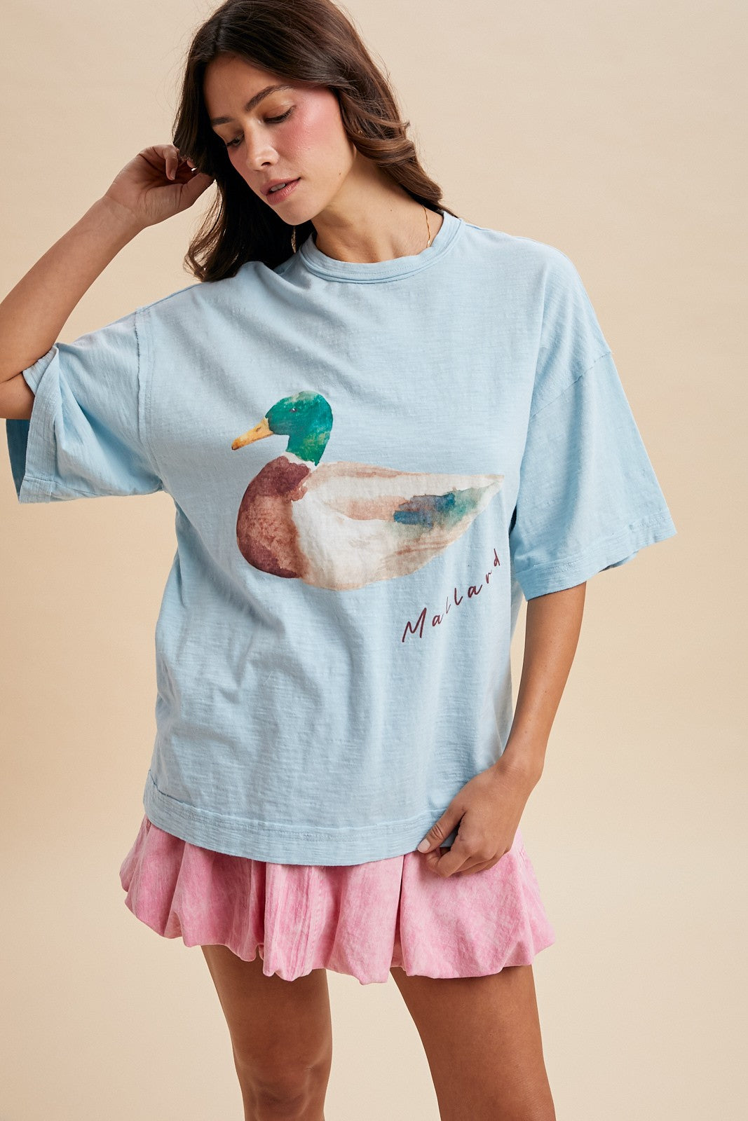 Light Blue Mallard Duck Printed Oversized Tee Shirt