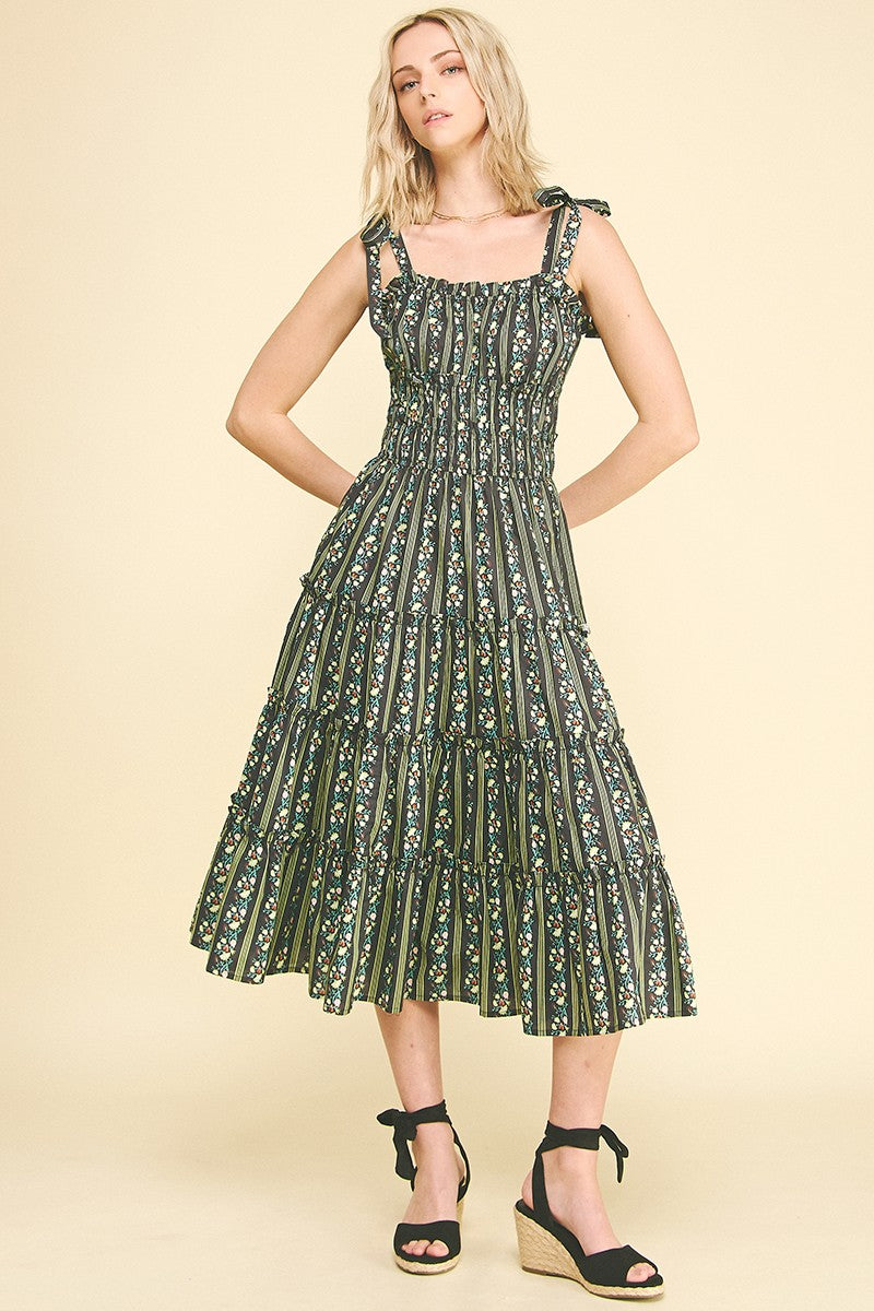 Black Floral Tiered Midi Dress