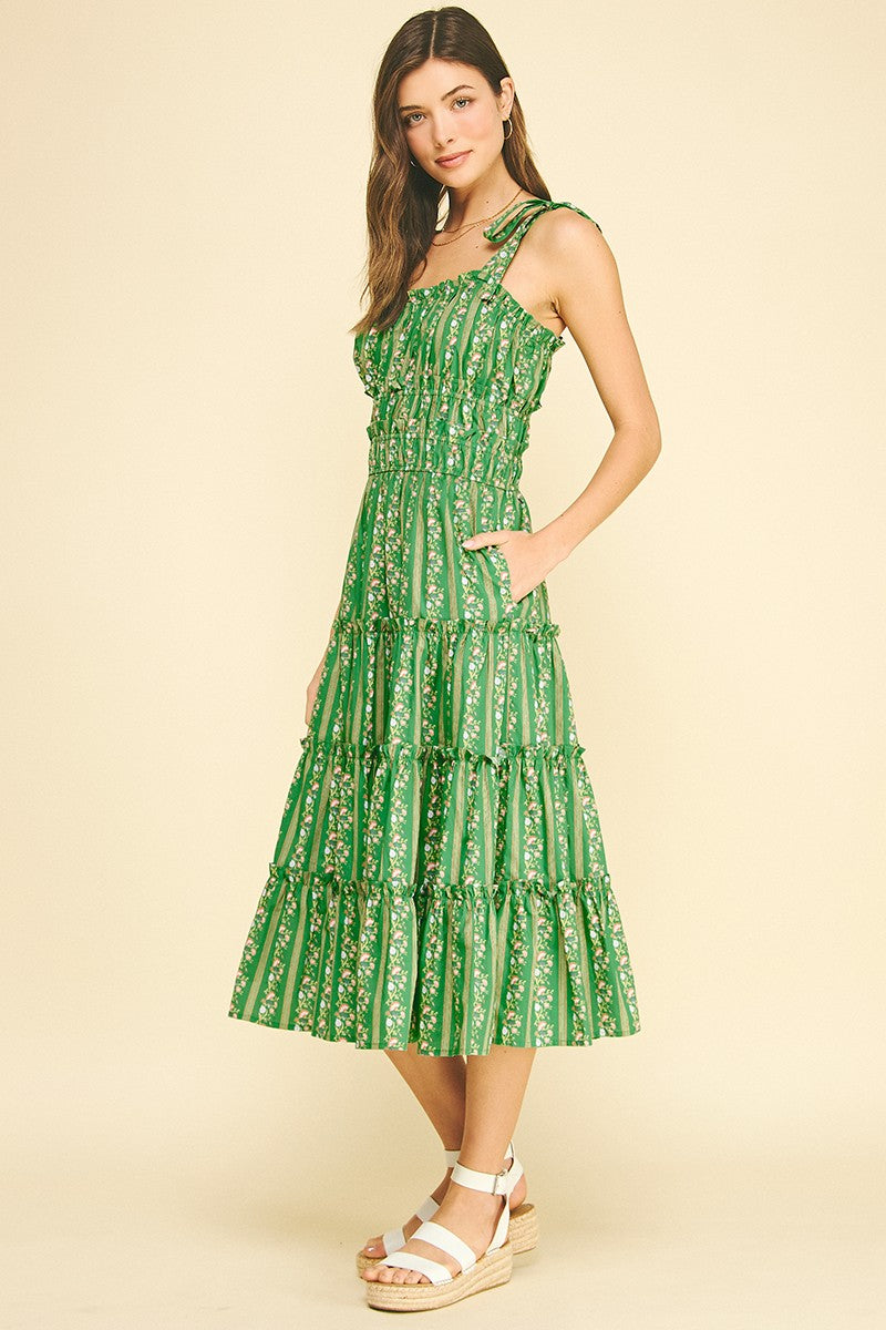 Green Floral Tiered Midi Dress
