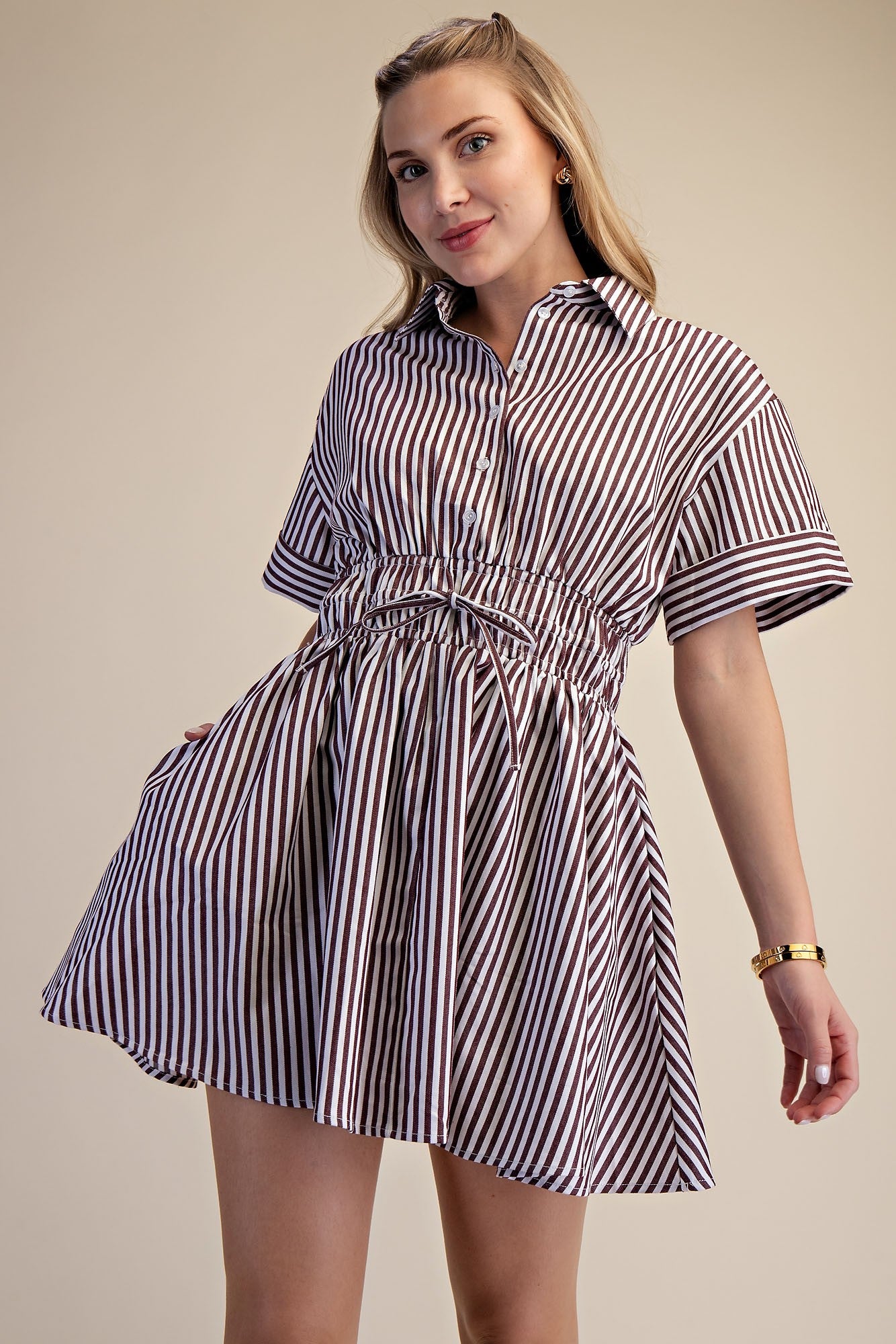 Brown Collar Neck Waist Elastic Mini Dress