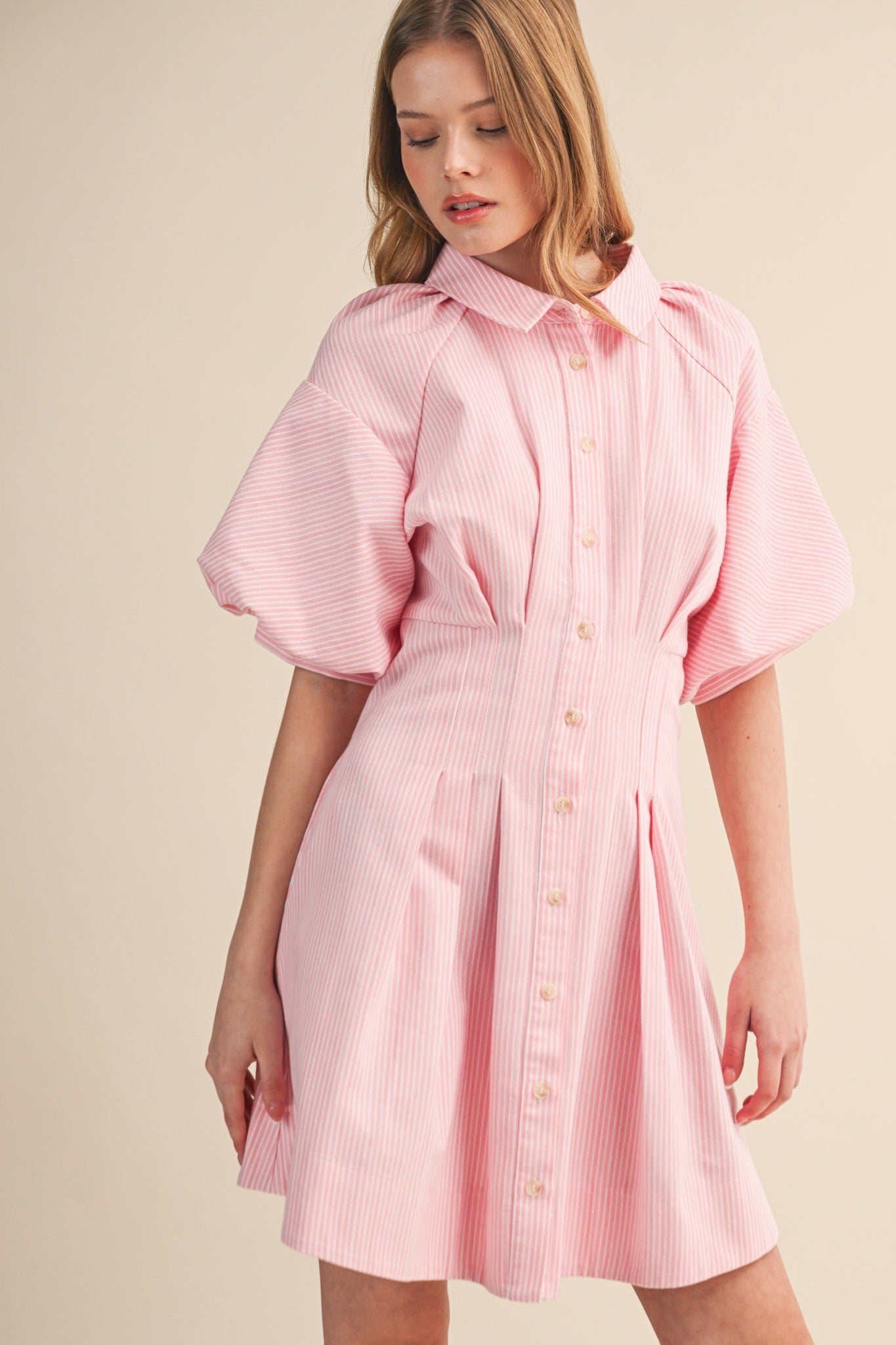 Striped Pleated Waist Button Down Mini Dress