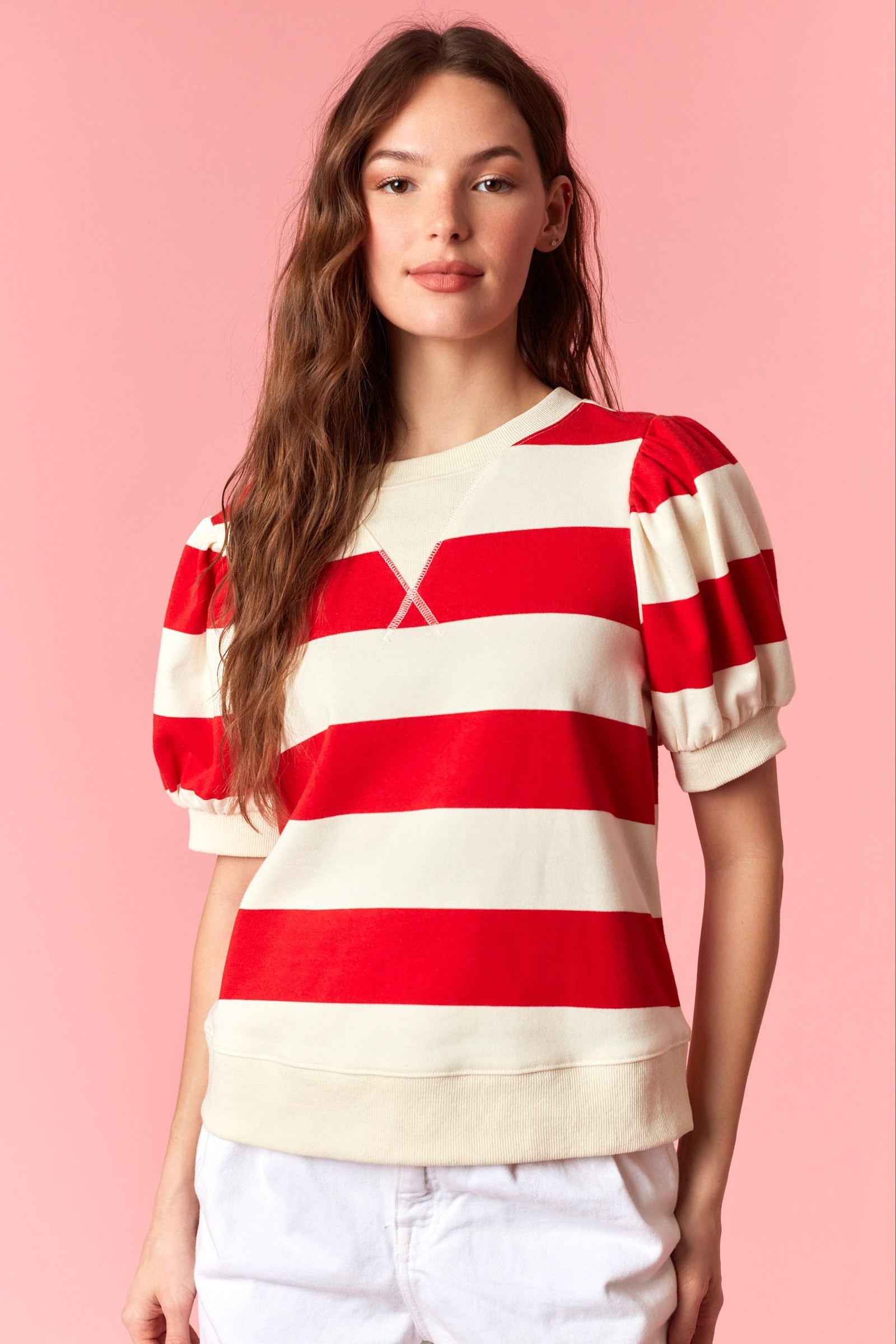Wide Stripe Terry Puff Sleeve V Shape Neck Top