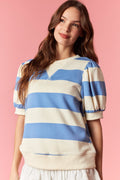 Blue Wide Stripe Terry Puff Sleeve V Shape Neck Top