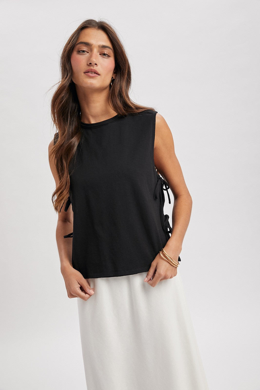 Black Cotton Knit Tank Top With Side Ties