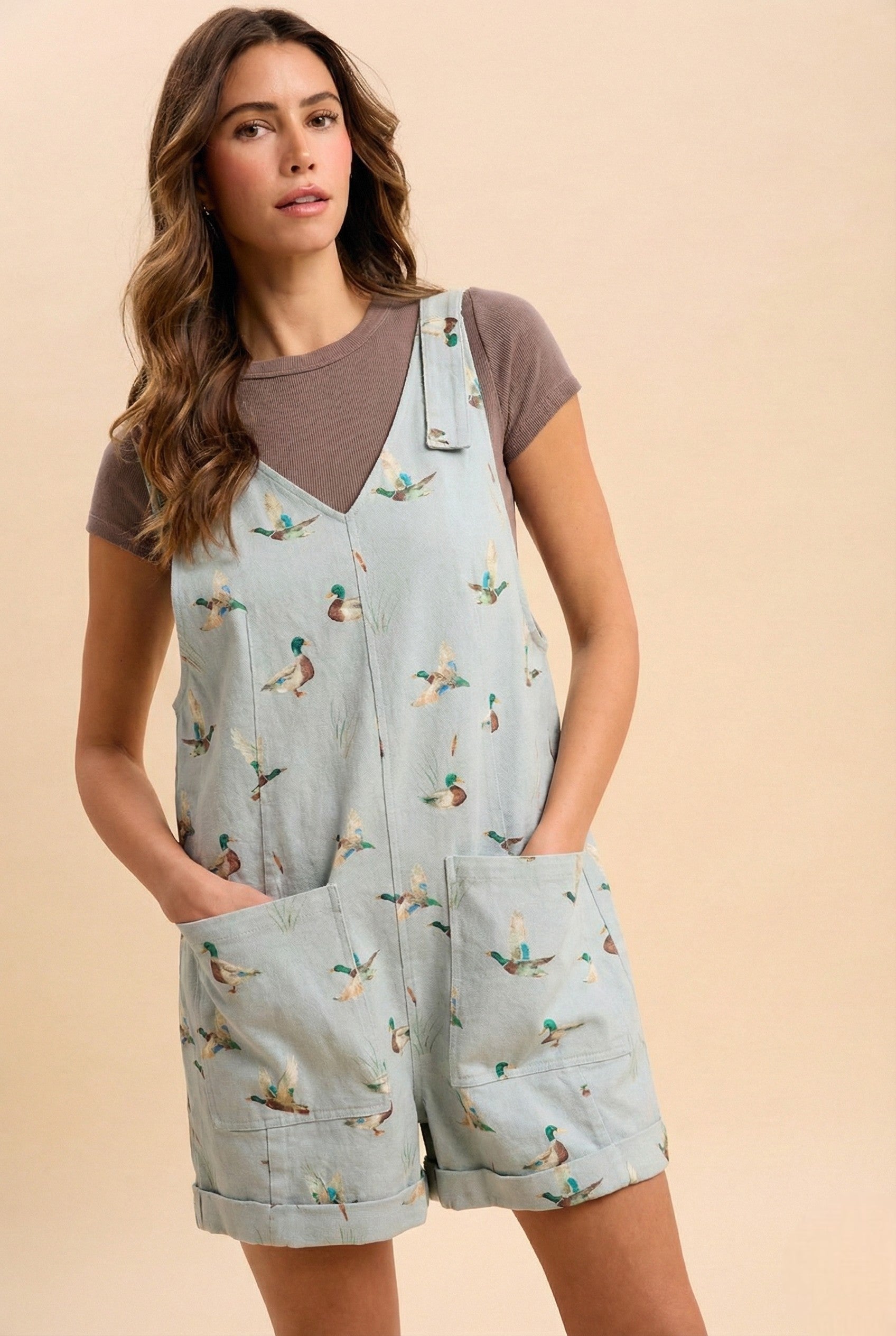 Mallard Duck Print Cotton Twill Loose Fit Romper