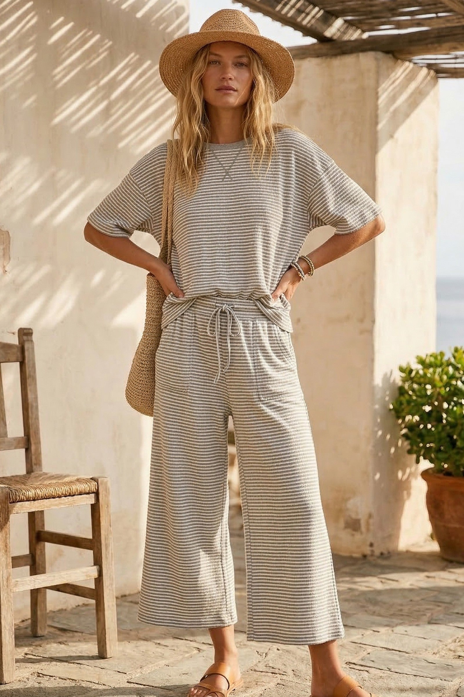 Striped Knit Top And Pants Set Heather Grey/ White