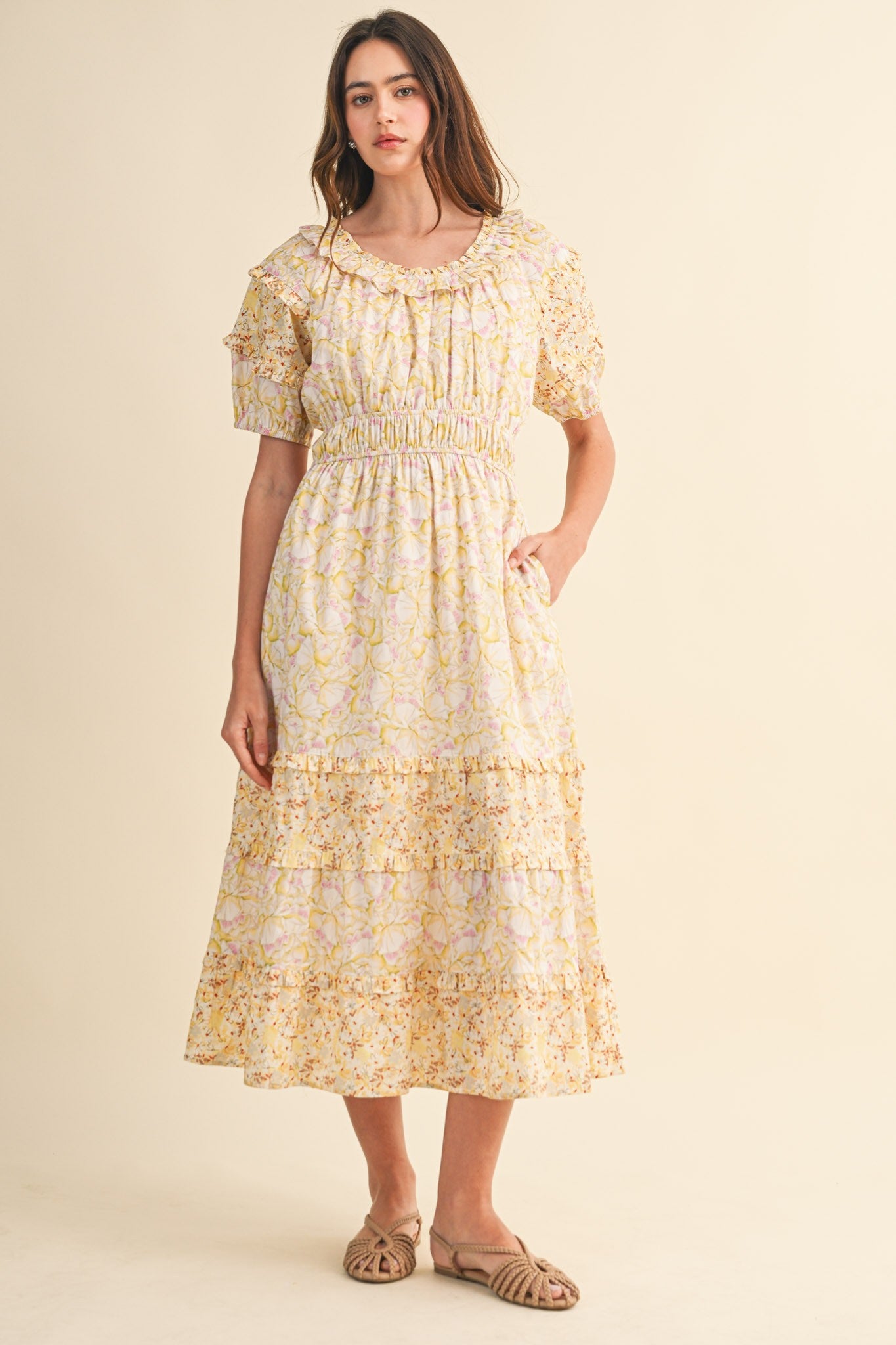 Mixed Floral Print Ruffle Tiered Midi Dress