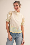 Floral Embroidery Smocked Puff Sleeve Top