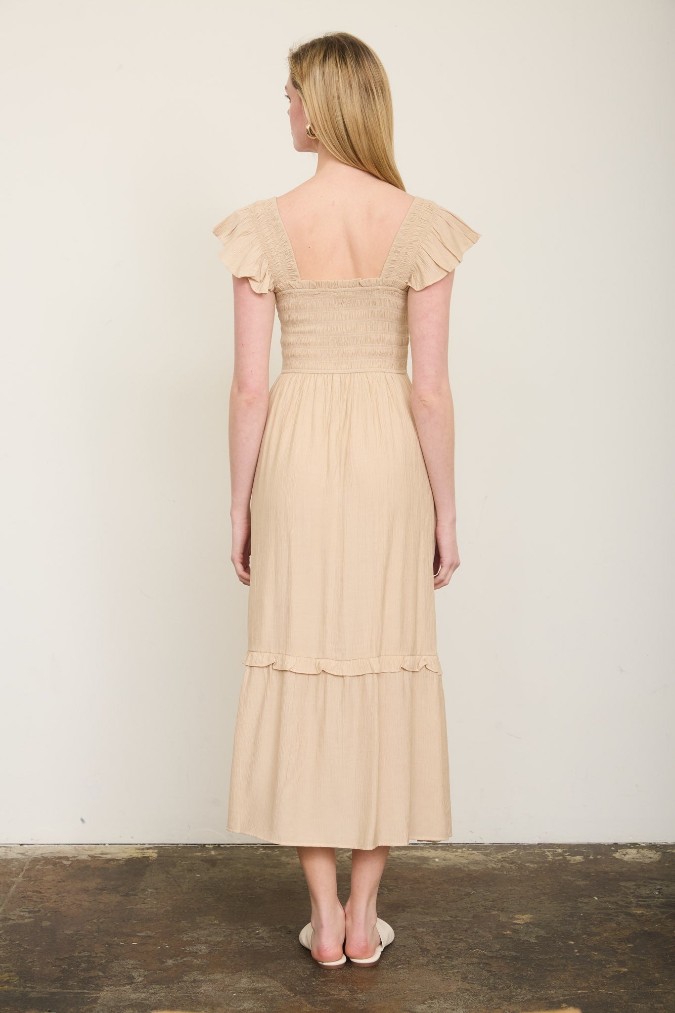 Khaki Smocked Ruffle Dress