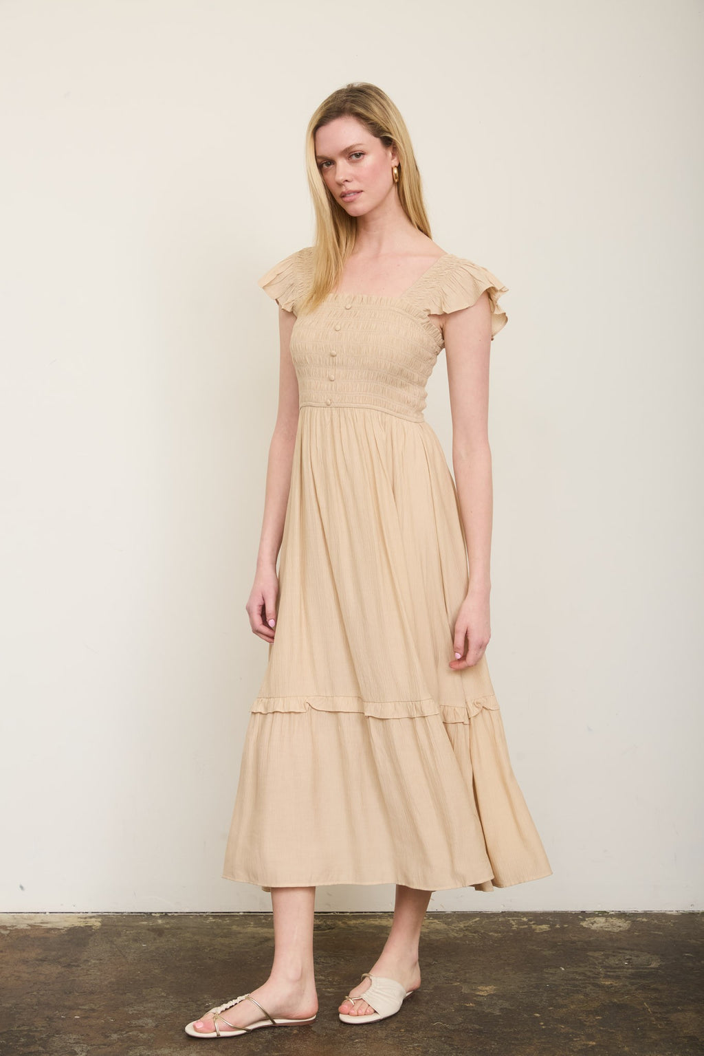 Khaki Smocked Ruffle Dress
