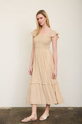 Khaki Smocked Ruffle Dress