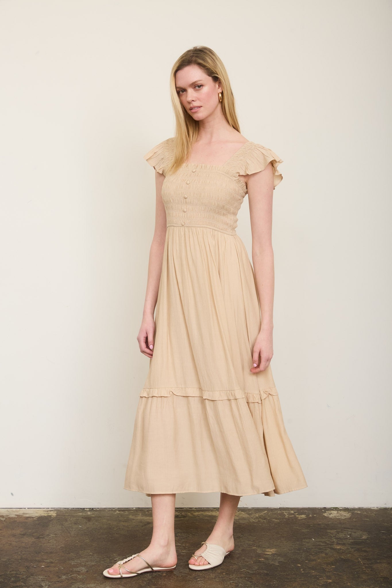 Khaki Smocked Ruffle Dress