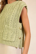 Everly Cable Knit Sleeveless Sweater Vest- Sage