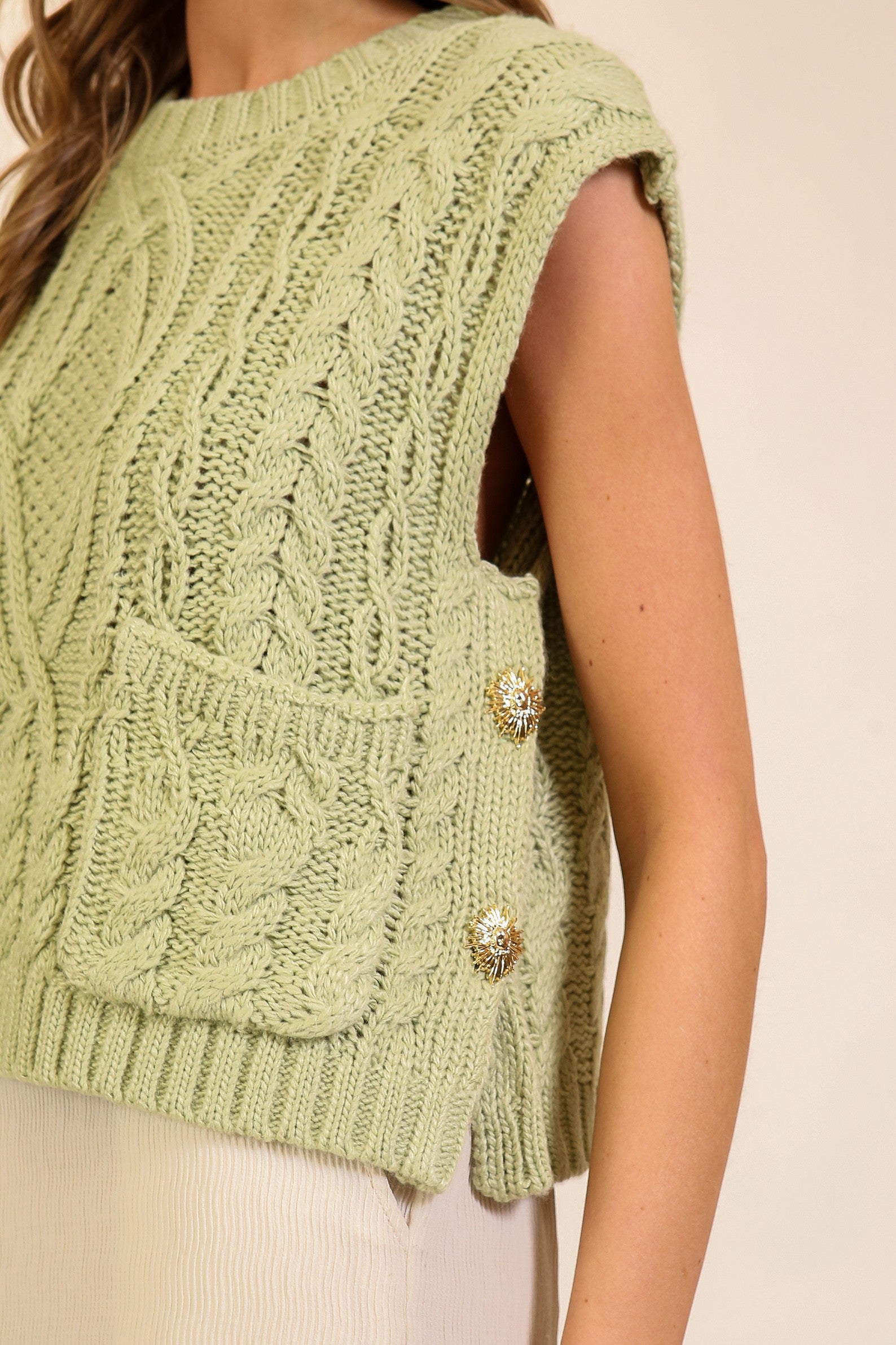 Everly Cable Knit Sleeveless Sweater Vest- Sage