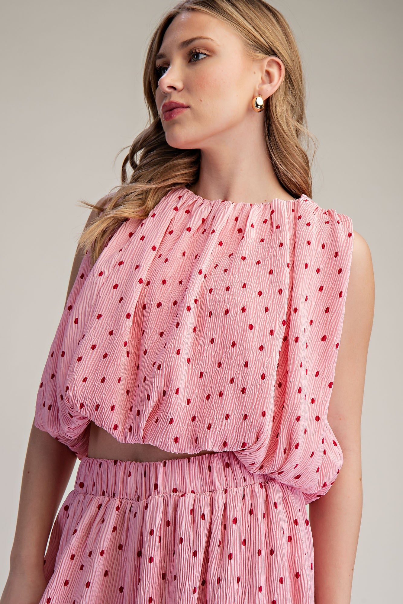 Polka Dot Sleeveless Pleated Set