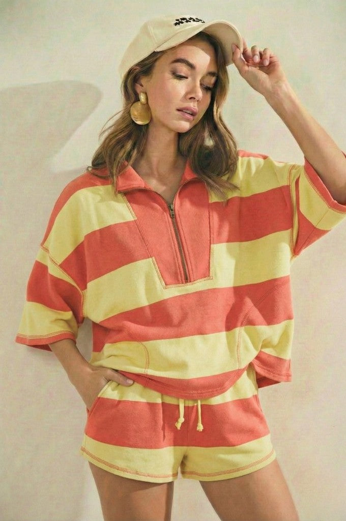 Coral/Lemon Vintage Striped Top With Front Zip Shorts Set