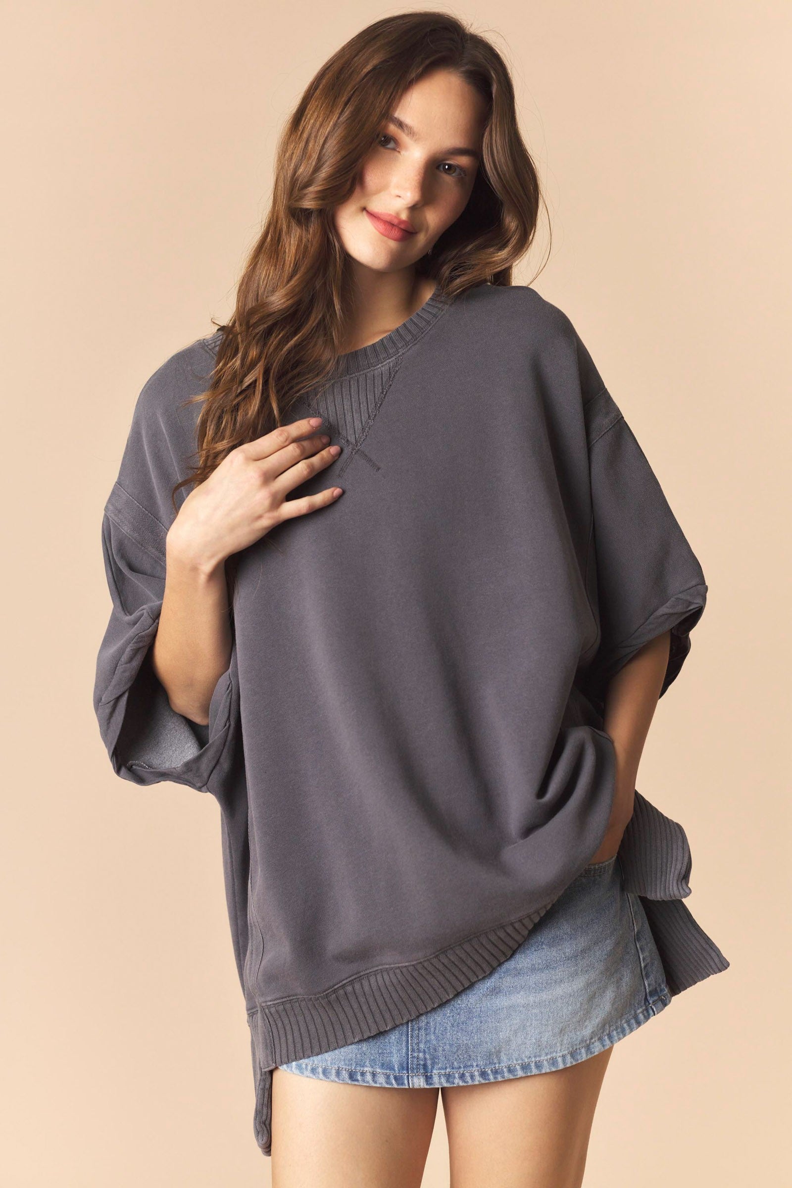 Mineral Washed Dolman Sleeve French Terry Top
