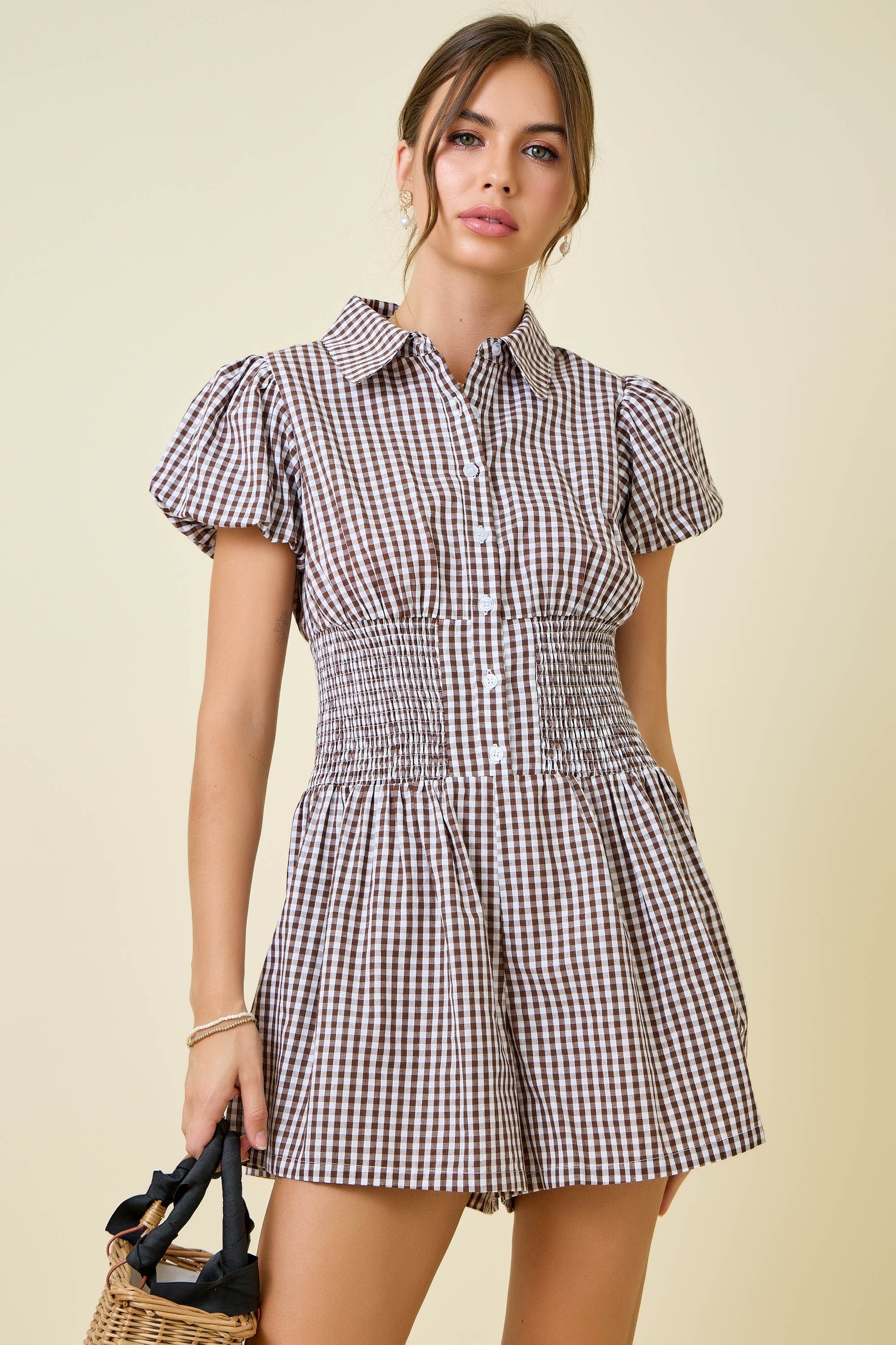 Gingham Bubble Sleeve Smocked Waist Romper