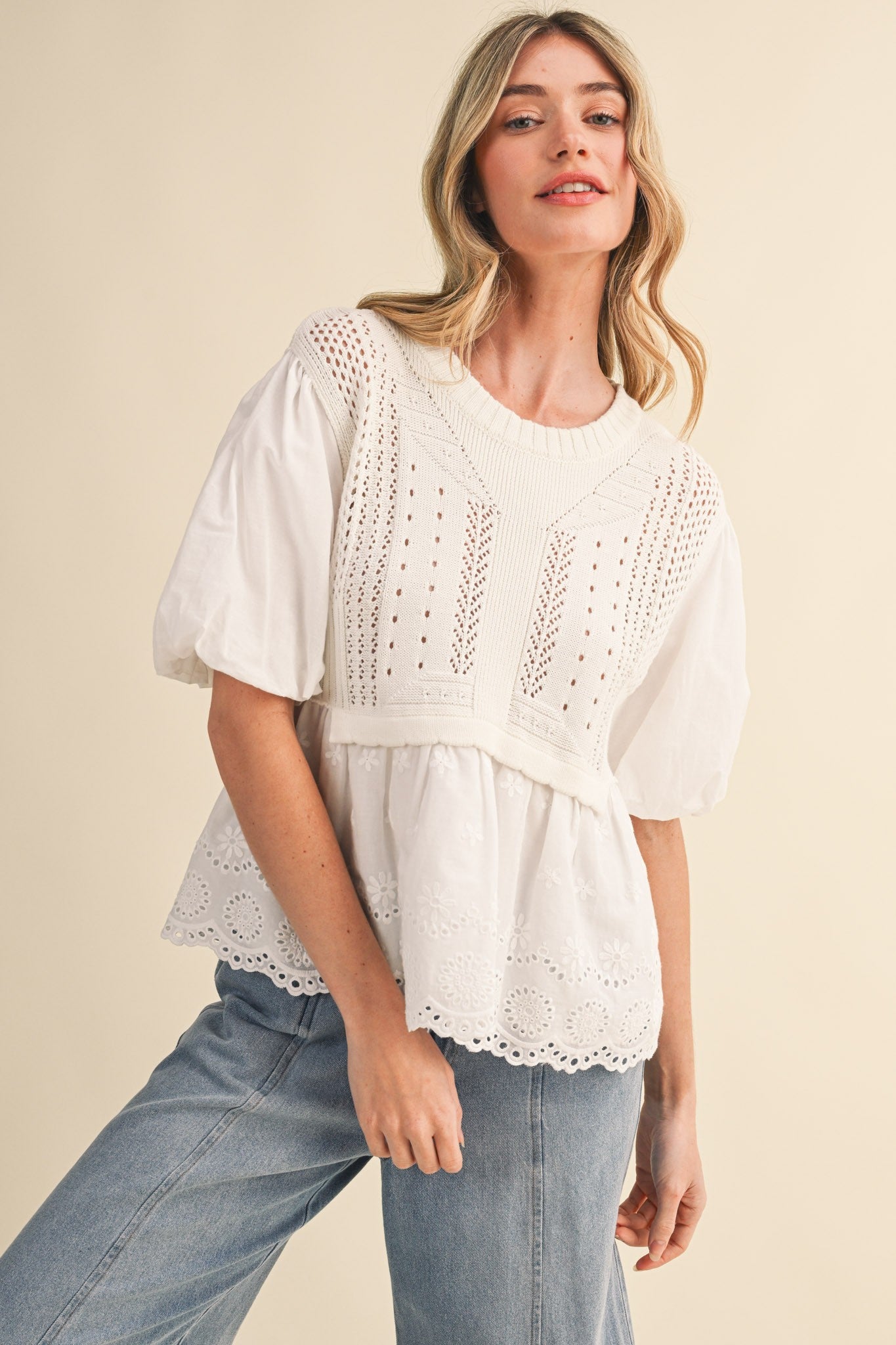 Mixed Media Bubble Sleeve Sweater Top