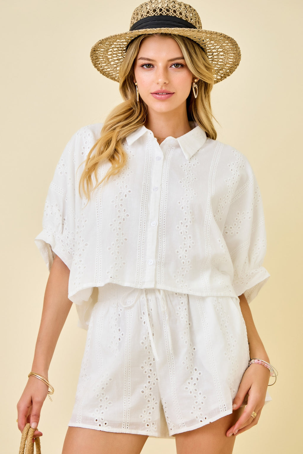 White Crop Button Down Oversized Shirt W/ Matching Shorts