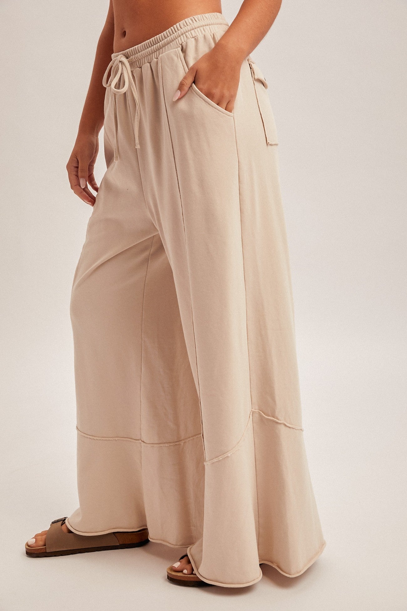 Washed Ruffled Bottom Terry Pants With Pockets- Stone
