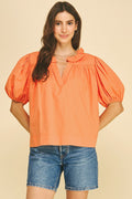 Soft Orange Ruffled V-neck Puff Sleeve Blouse
