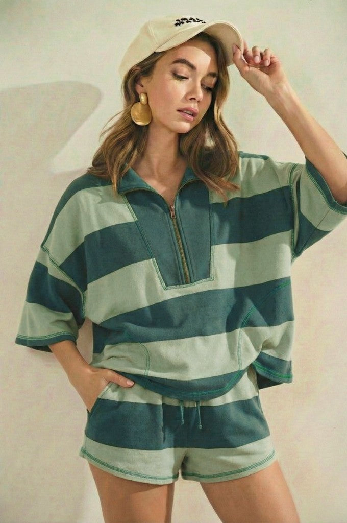 Vintage Striped Top With Front Zip Shorts Set
