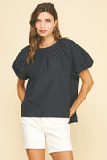 Navy Neckline Puff Sleeve Blouse