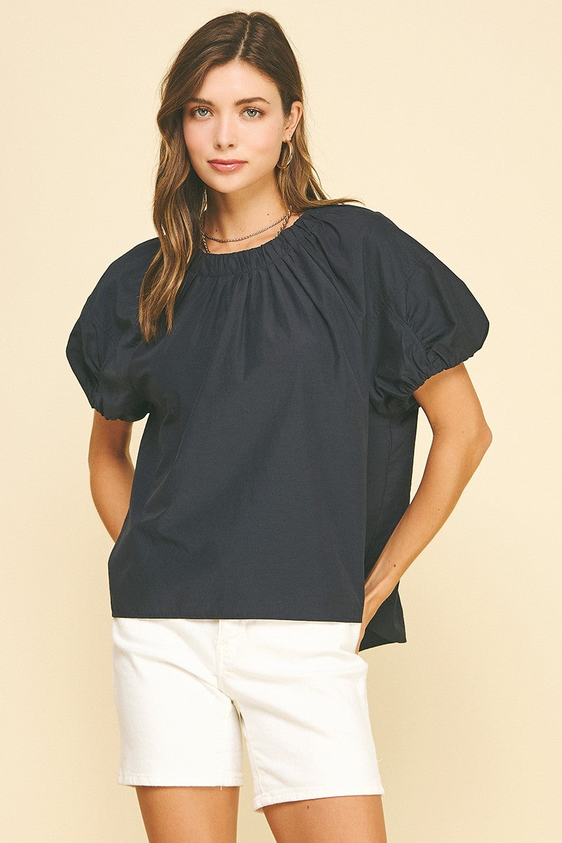 Navy Neckline Puff Sleeve Blouse