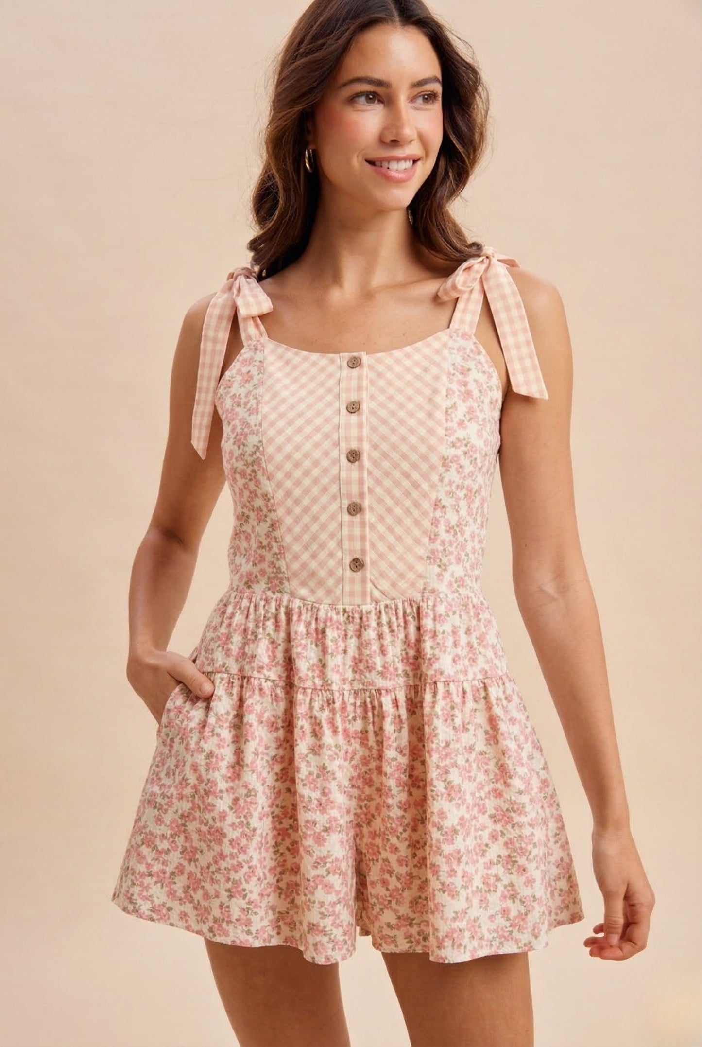 Floral Gingham Check Tie-shoulder Romper