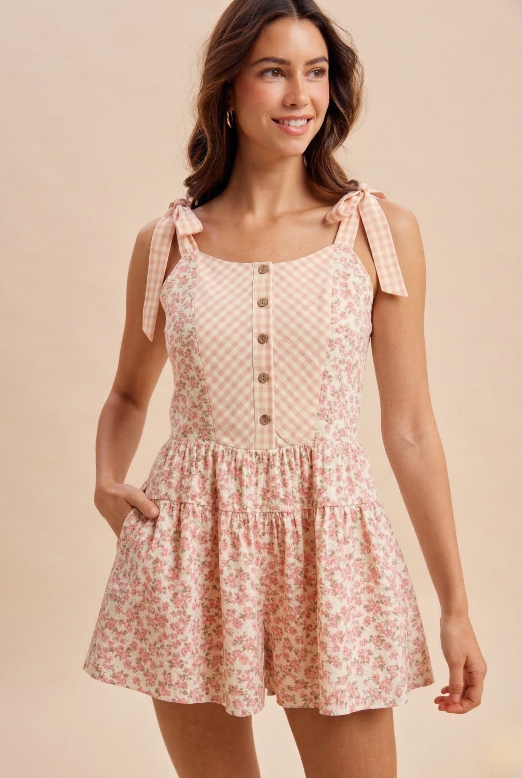 Floral Gingham Check Tie-shoulder Romper