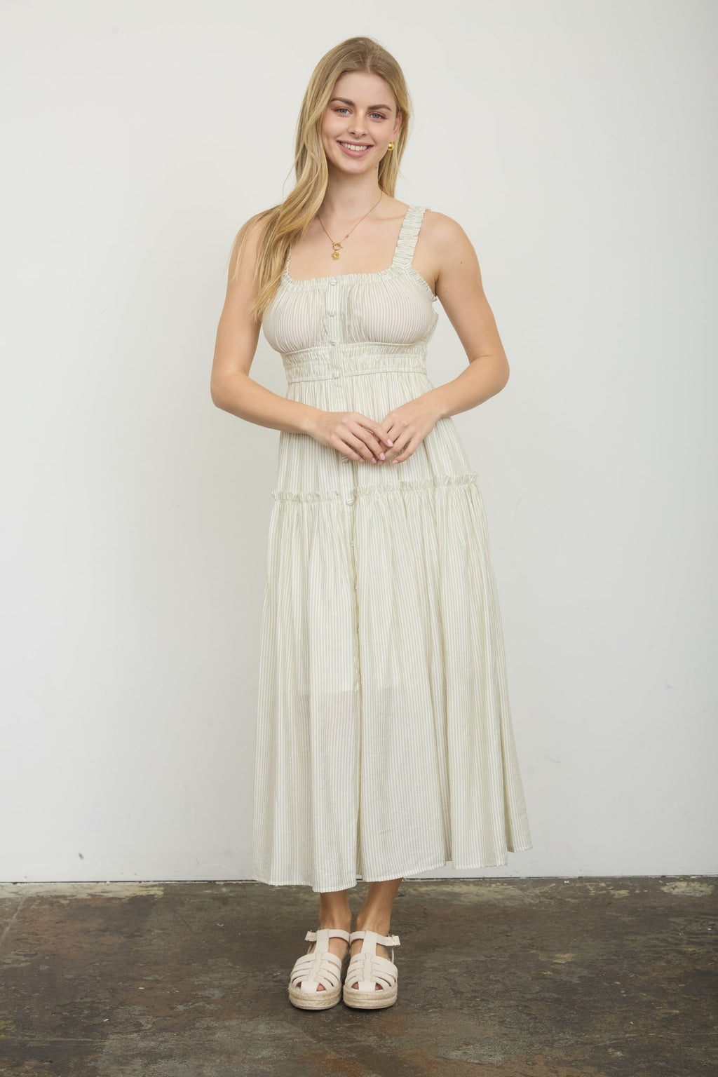 Stripe Mock Button Sleeveless Midi Sundress