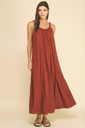 Solid Maxi Dress with Ball Trim Neckline - Rust