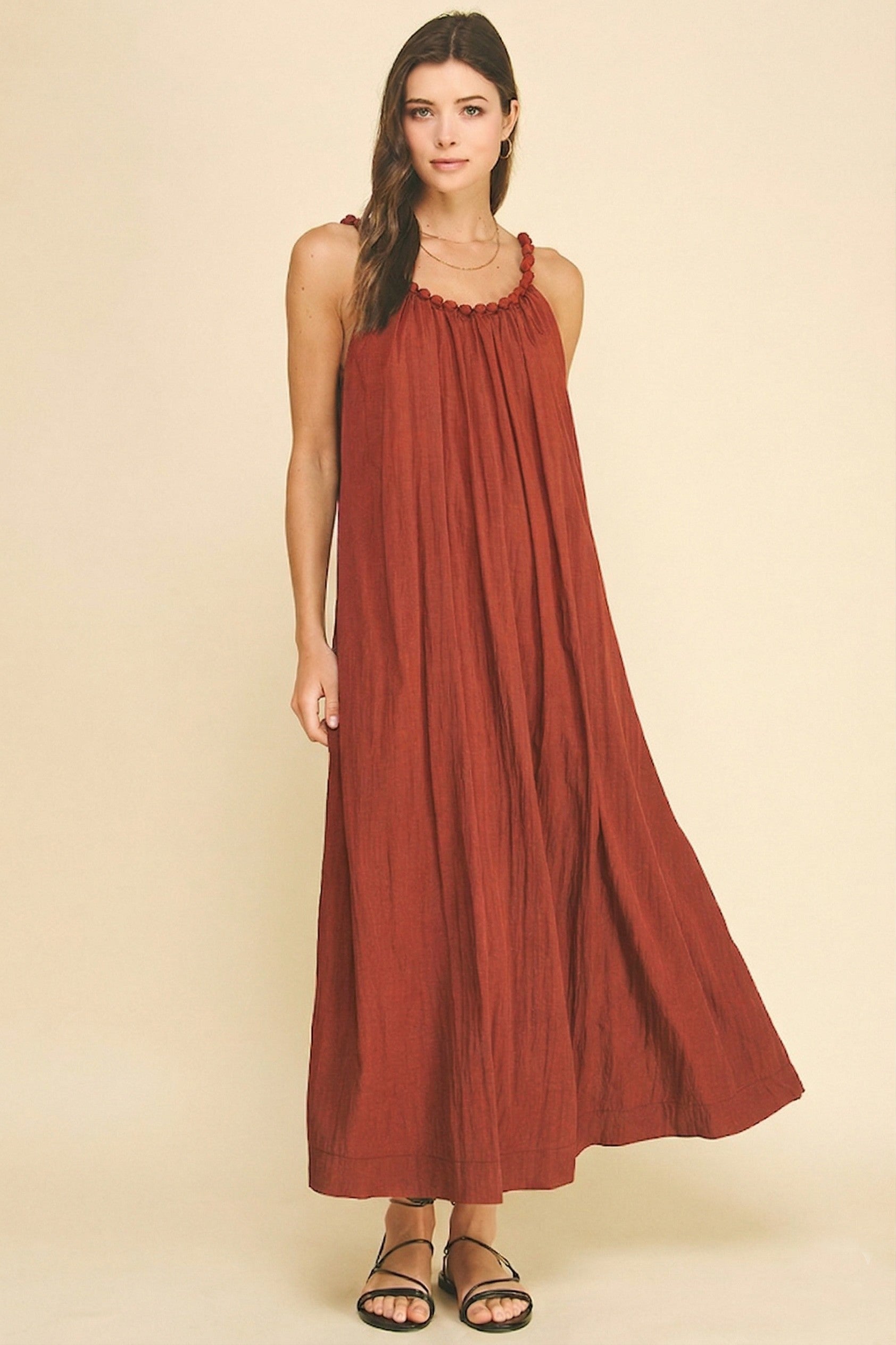 Solid Maxi Dress with Ball Trim Neckline - Rust