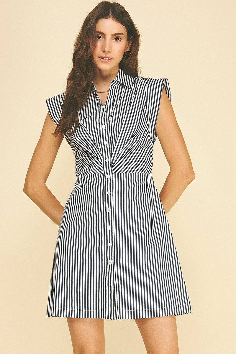 Stripe Cap Sleeve Button Down Dress