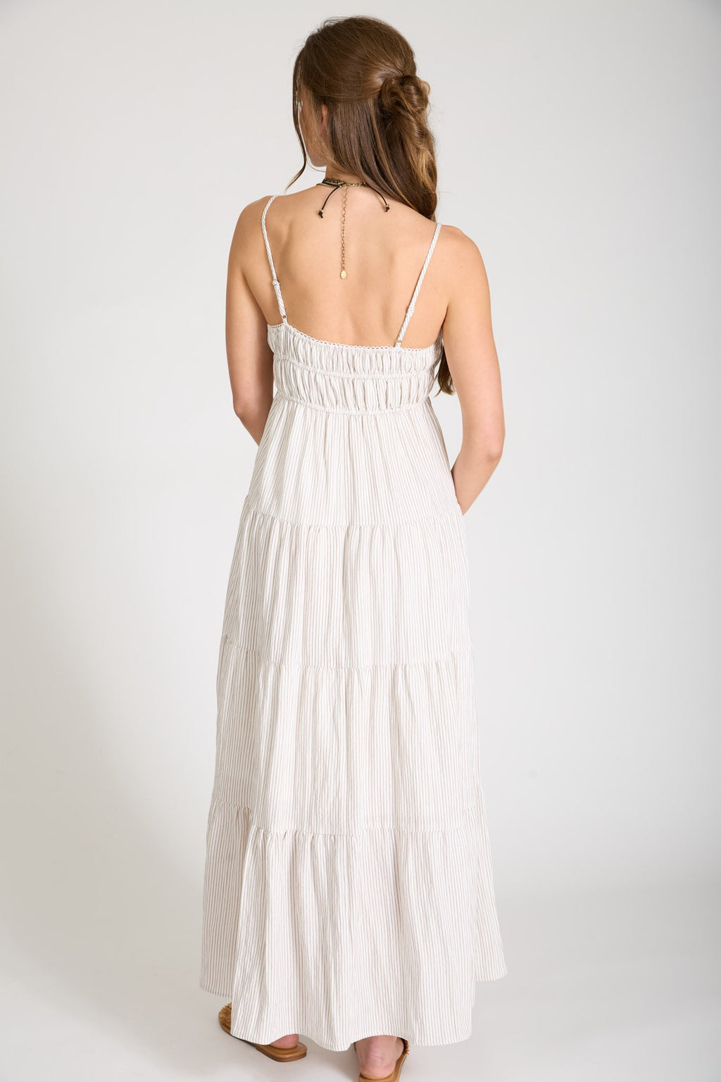 Stripe Shirred Empire Waist Tiered Midi Dress