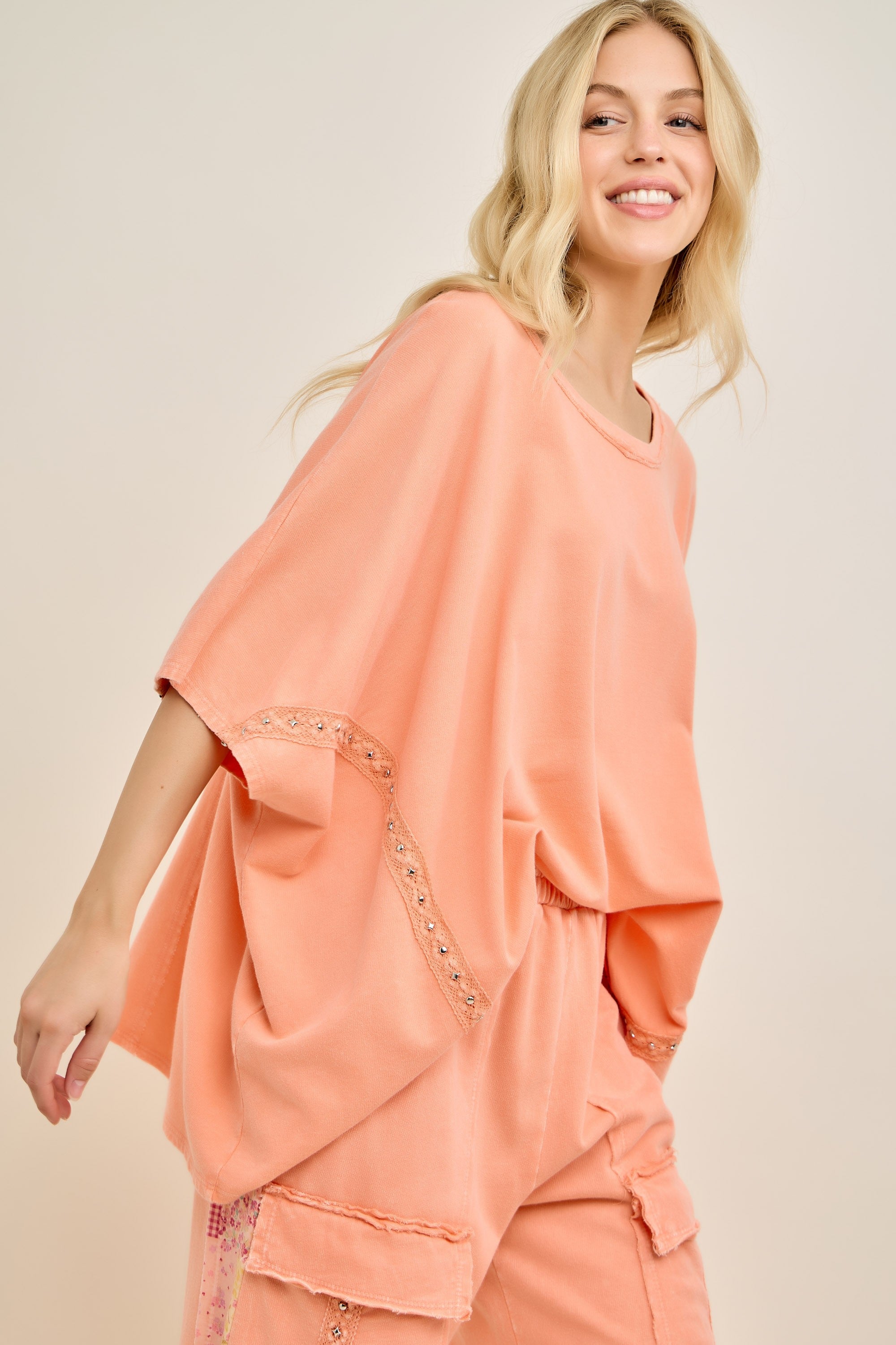 Mineral Washed Studded Eyelet Oversized Top