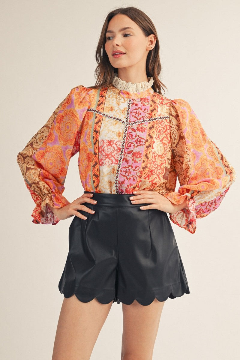 Eyelet Ruffled Neckline Baroque Floral Top