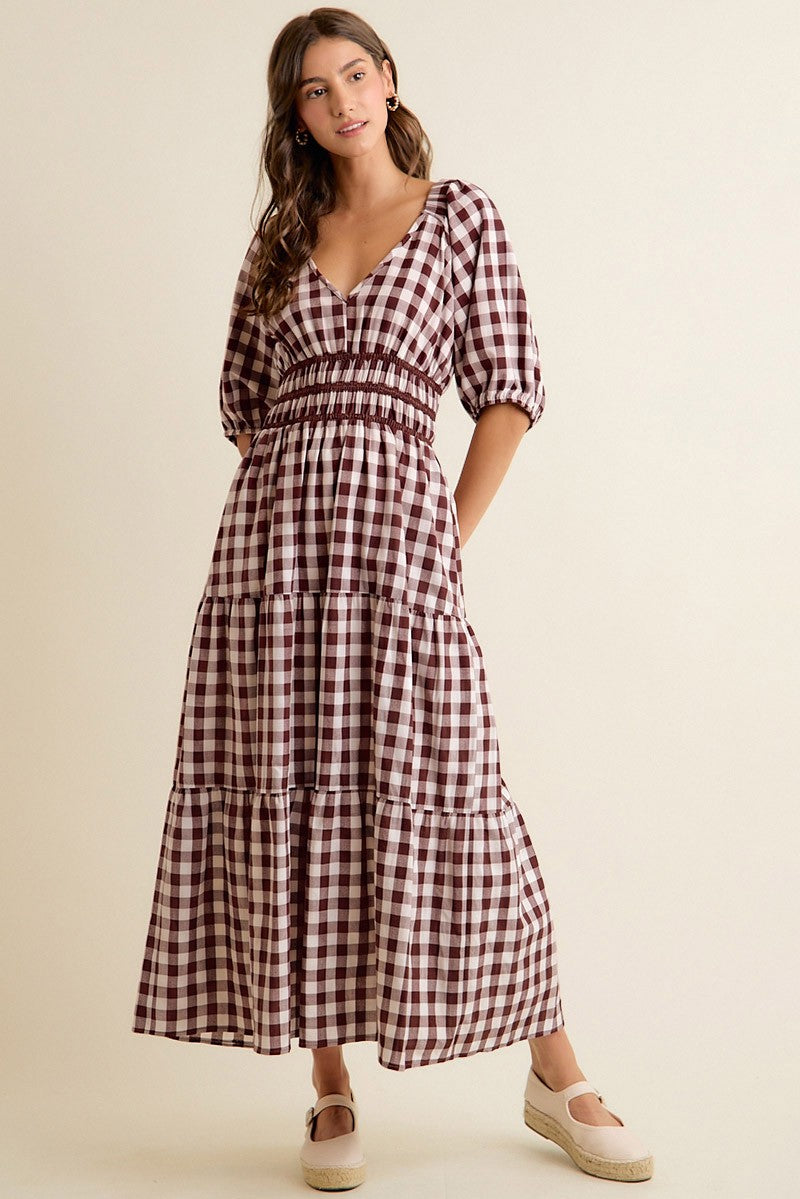 Brown Gingham Smocked Waist Lined Midi Tiered Dress