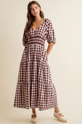 Brown Gingham Smocked Waist Lined Midi Tiered Dress