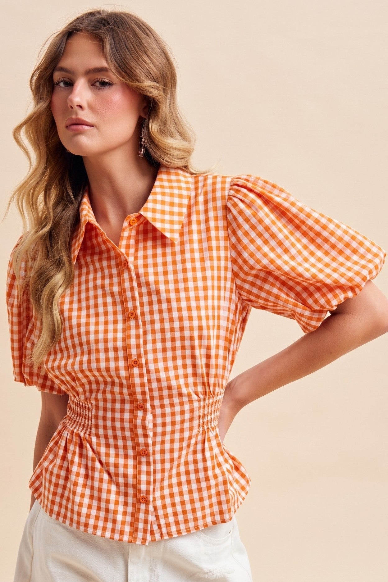 Gameday Gingham Balloon Sleeve Shirt