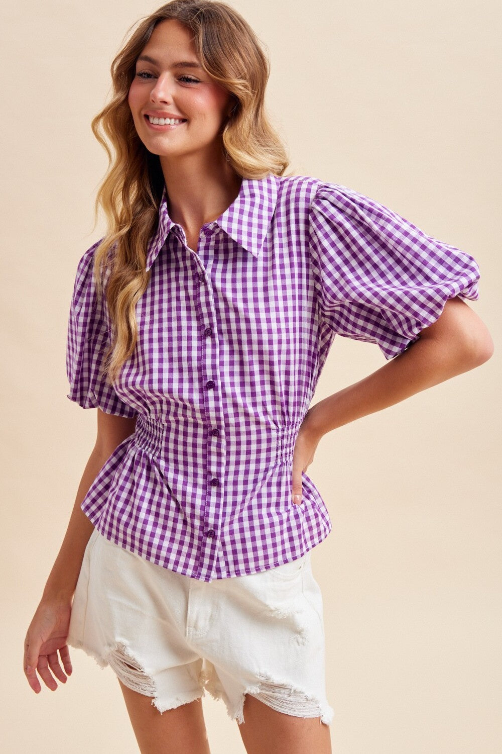Gameday Gingham Balloon Sleeve Shirt - purple