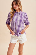 Purple Gameday Gingham Puff Sleeve Henley Blouse